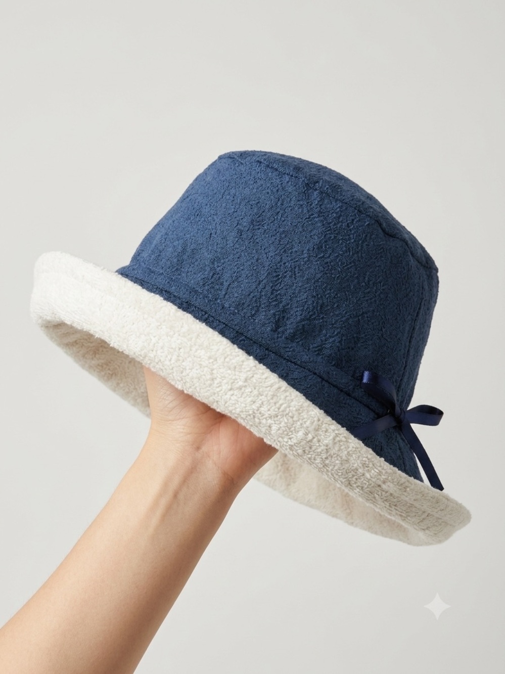 Miranda Fish Millinery Two-Tone Blue & Cream Textured Cloche Sun Hat with Bow